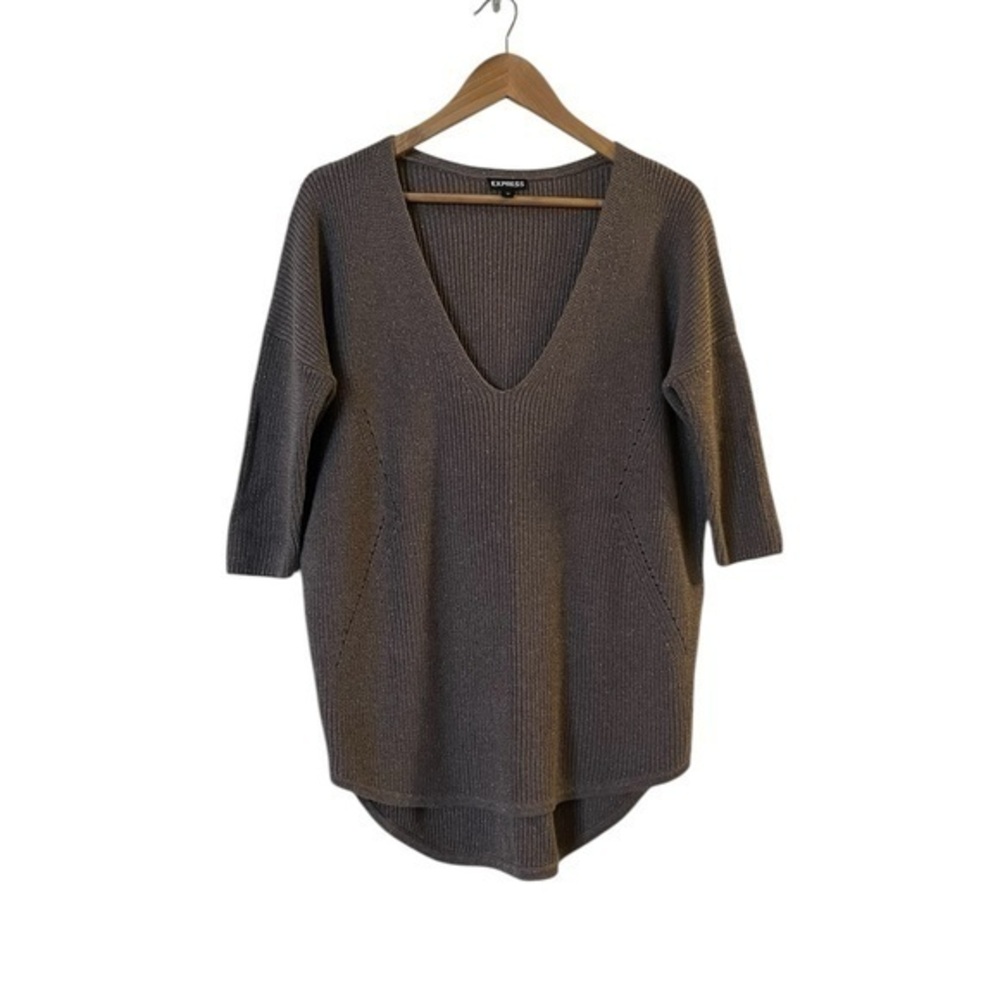 EXPRESS Mushroom/Gold Metallic Deep V-Neck Elbow Sleeve Sweater, M